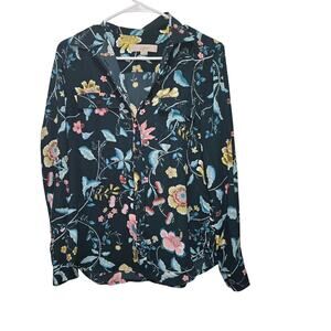LOFT Floral Button Down Blouse Small Teal Long Sleeve Top